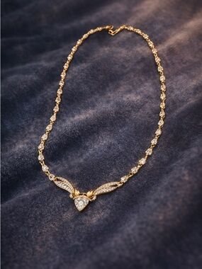 Gold Heart Pendant Necklace with Clear Stones